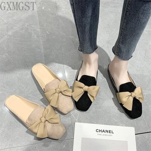 New Size 35-40 Fashion Flats Shoes Woman Square Toe Ladies Shoes Shallow Mules Shoes Bowknot Flat with Femal Shoes 2020