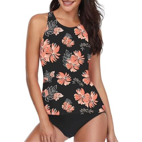 Womens Summer Swimsuit Tankini High Waist O Neck Two Piece Swimsuit Bandeau Floral Print Swimwear Bañadores Mujer 2021 Biquini