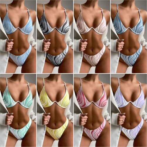 Euro-American Womens Separate Body Swimsuit 2021 Wave Printed Steel Holds Sexy Bikini