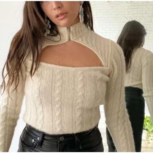 Autumn New Women Fashion Long Sleeve Mock Neck Knitted Cotton Sweater Sexy Hollow Out Zipper Casual Floral Pullovers 2021 Winter