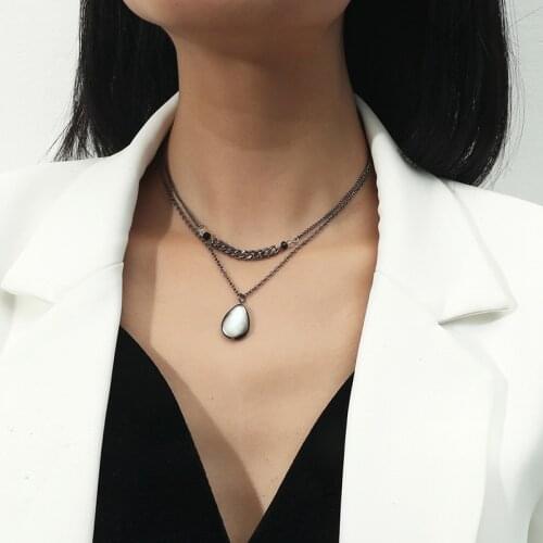 Fashion Water Drop Opal Double Layer Necklace For Women Retro Elegant Gun Black Chain Choker Necklaces Female Party Jewelry Gift
