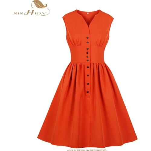 SISHION Sleeveless Orange Summer Dress VD1076 Single-breasted Swing Casual Vintage Women Dress