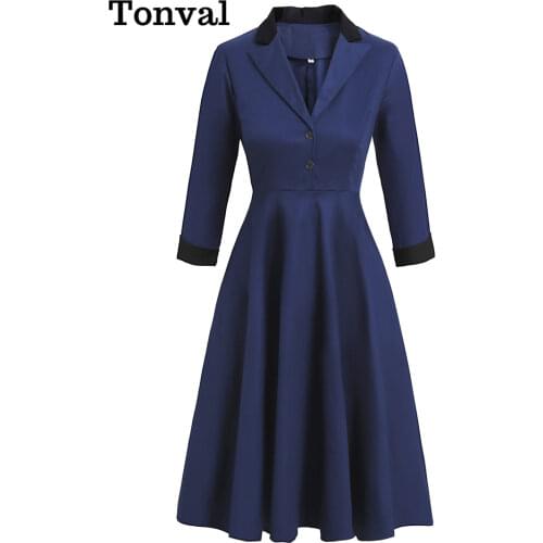 Tonval Navy Blue Notched Collar Button High Waist Vintage Robe Women Swing Dress Autumn 3/4 Length Sleeve Office Dress Elegant