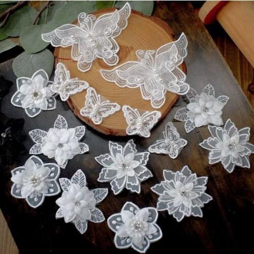 2PCS Rhinestone Pearls Beaded Flowers Butterfly Sewing On Patches Lace Applique For Wedding Dress, Bridal Veil Hair Accessories