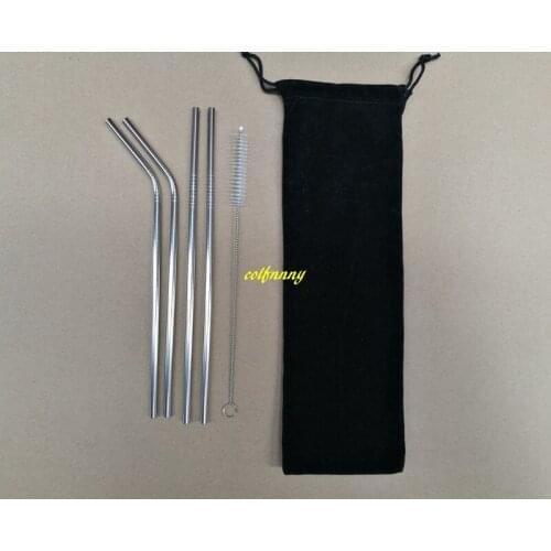 500sets/lot 4pcs 6*215mm Stainless Steel Drinking Straw Colorful Reusable Straw with cleaner Brush & pouch bag For Party tool