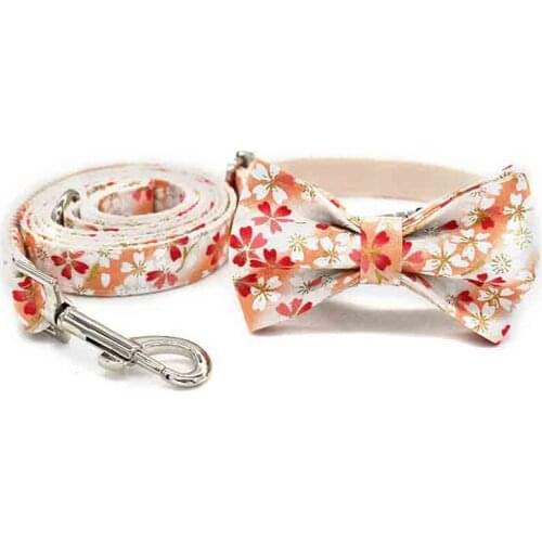 Bow dog collar leash set pet necklace training walking rope bow tie Japanese style decoration rose gold collar bowknot