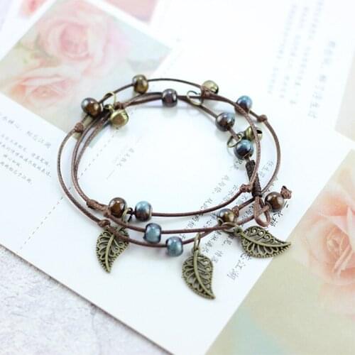 12 Pieces/Lot Multilayer Weave Rope Ceramic Beads Bracelet Hollow Leaf Pendant Link Chain Wristbands For Women Men Retro Bangles