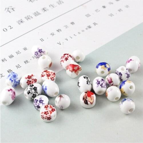 10pcs/lot new plat round oval shape print flower ceramic beads for diy earrings bracelet jewelry making loose beads accessories