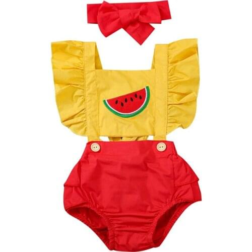 Lovely Baby Girls Summer Rompers Summer Holiday Watermelon Embroidery Backless Ruffles Short Sleeve Romper Jumpsuits Headband