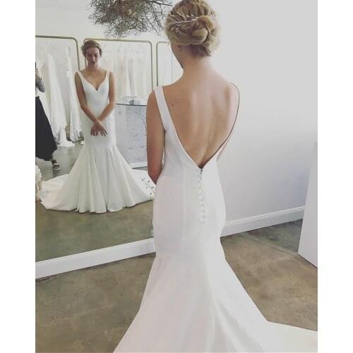 Long Double V-Neck Mermaid Wedding Dresses Sexy Open Back Court Train Stretchy Custom Bridal Gown For Women