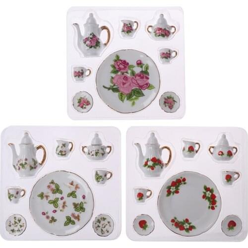 8pcs Restaurants Goods Porcelain Tea Set Plate Cup Plate Flower Print Dollhouse Furniture Accessories Toys Dollhouse Miniature