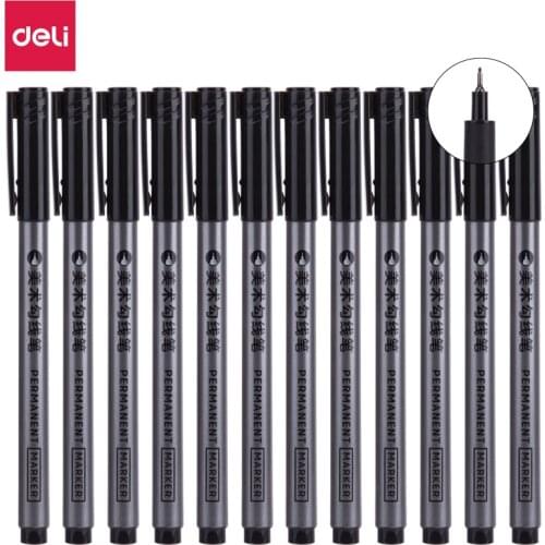 Deli 0.5mm Marker Pen 10pcs Art Sketch Pen High Quality Fiber Black Oil Marker Pen for Marking Painting Drawing Writing Supplies