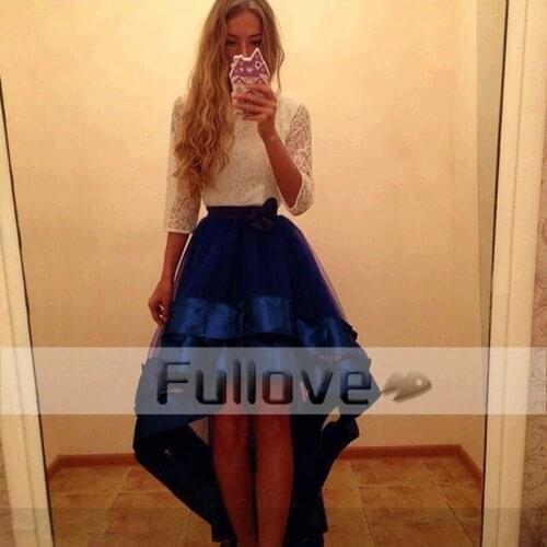 Graceful Half Sleeve Lace Prom Dresses 2019 High Low Bow Slit Tulle Evening Party Gown Vestido De Baile Robe De Soiree Abiye