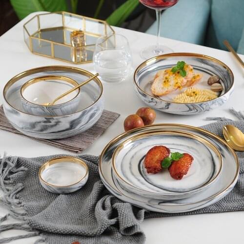 Electroplating Marble Phnom Penh Ceramic Plate Rice Salad Noodle Bowl Western Dinner Dish Plate Dinnerware Sets Family Tableware