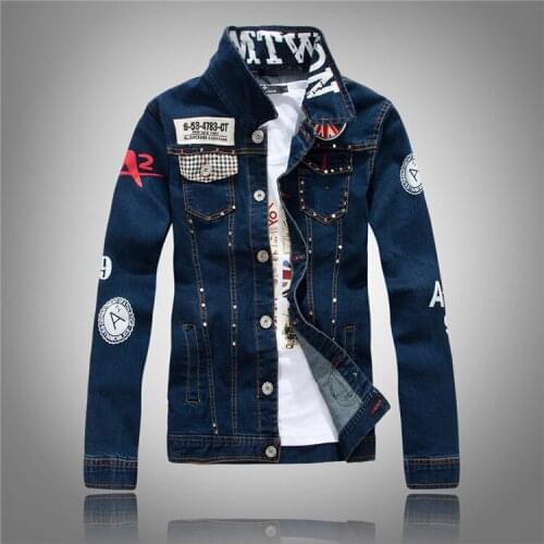 Men Spring Autumn 2021 New Fashion Streetwear Denim Jackets Hip Hop Rivets Casual Solid Dark Blue Washed Outerwear