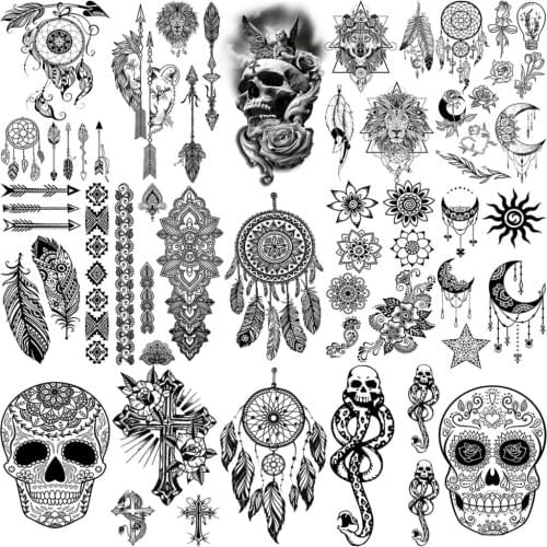 Henna Dream Catcher Arrow Feather Temporary Tattoos For Women Adult Girls Cross Skull Fake Tattoo Body Art Neck Arm Tatoos Paper