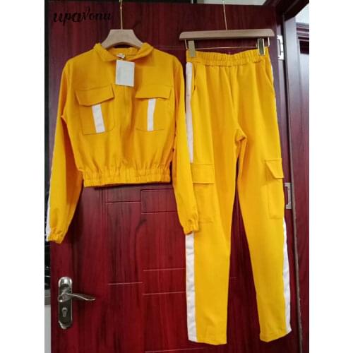 2020 Fashion Casual Sports Pants Womens Suit Lapel Long Sleeve Zipper Pocket Top & Elastic Pants 2 Two-piece Womens Sports Set