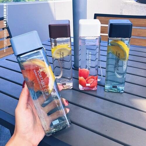 New Square Frosted Plastic Water Bottle Portable Transparent Bottle Fruit Juice Leak-proof Outdoor Sport Travel Camping Bottle