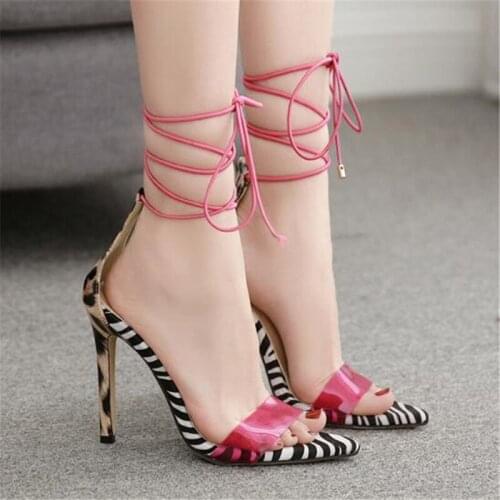New Women Sandals PVC Pointed Toe 11.5CM Thin Heels High heels Lace Up Front & Rear Strap sandal women shoes 2020 size 35-42