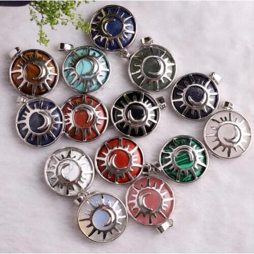 12PCS Moon Sun Necklaces Pendants Round 27mm Natural Stone Crystal Beads Chakra Energy Pendulum Amulet Women Men Jewelry Making