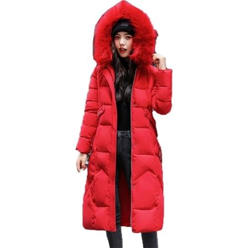 Plus Size Long Down Cotton Coat Women 2021 New Korean Temperament Waist Hooded Big Fur Collar Khaki Red Beige Warmth Coats N987