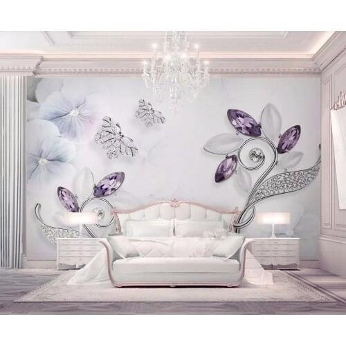 CJSIR Custom Wallpaper Purple Crystal Flower Butterfly 3d Jewelry TV Background Wall Home Decoration Murals 3d Wallpaper Decor