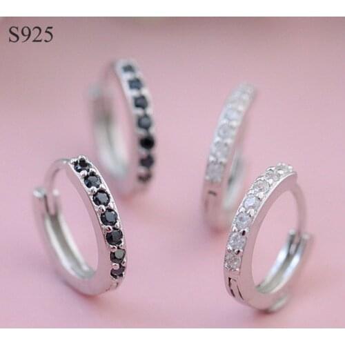 Genuine Real Pure Solid 925 Sterling Silver Earrings Hoop Men Women Jewelry Black Cubic Zircon Male Female Round Earrings Bijoux