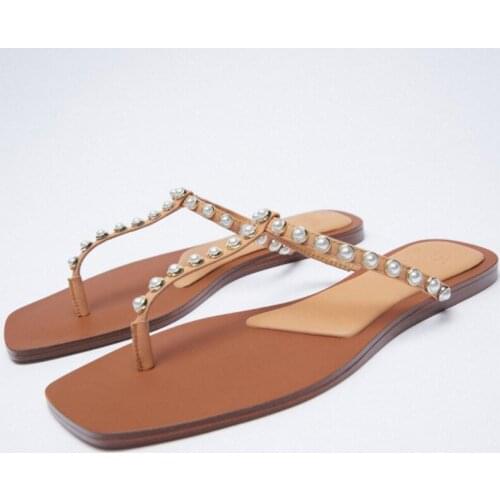 Womens Flip-Flops Summer New Beige Pearl Decorative Slippers, Square Toe Flip-Flat Sandals