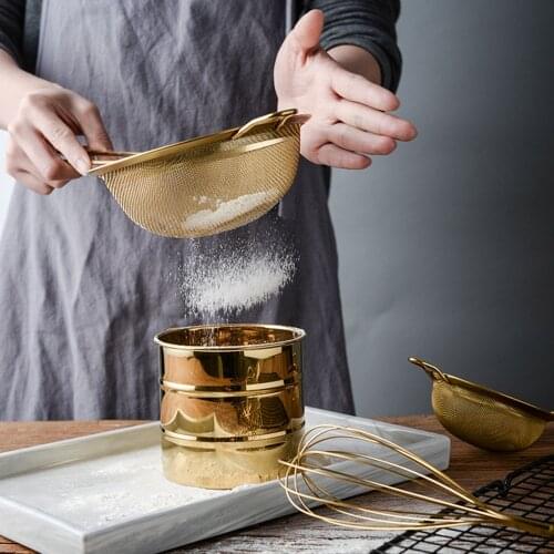 Nordic Gold Sugar Powder Flour Sieve Exquisit 304 Stainless Steel Fine Mesh Filter Water Soup Strainers Colanders Baking Tools