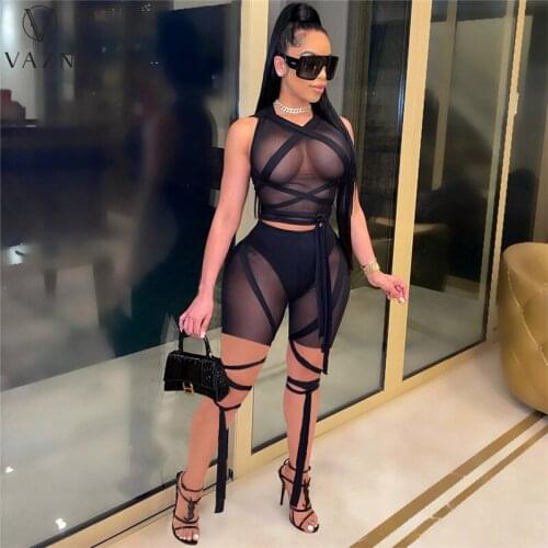 VAZN 2021 Summer Transparent Mesh Fabric Sleeveless O-neck Sexy Bandage Beach Suits 2 Piece Set Women Top And Pant