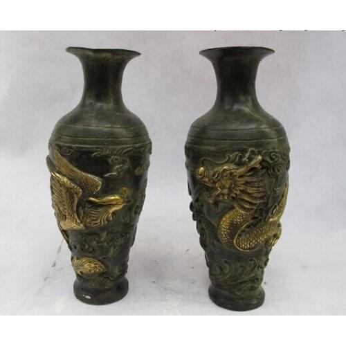 Xd 001753 China Folk Classic Bronze Gilt Royal Dragon phoenix Play phoenix Vase Pair