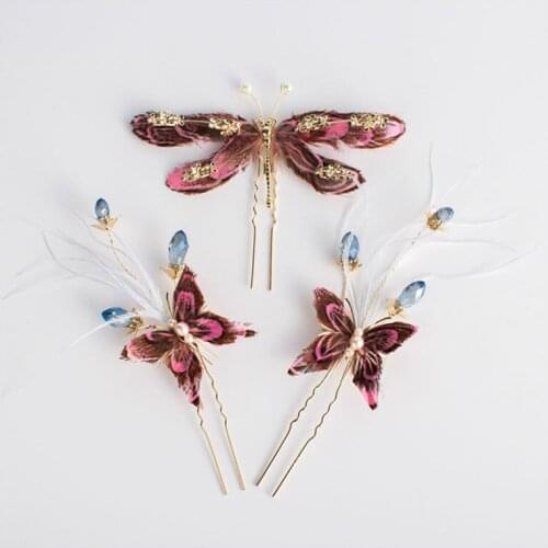 3Pcs Sets Wedding Bridal Beautiful Feathers with Blue Water Drop Crystal Hair Sticks Pin Hair Accessory Hairwear Girls Hair Clip