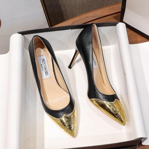 2021 New Fashion Metal Pointed Toe Black And Gold Color Matching Female High-heeled Sheepskin Comfortable Shoes