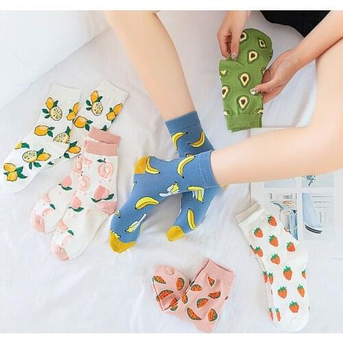 Korean Women Cotton Short Cute Cartoon Warm Nylon Pattern Socks Female Fruit Series Avocado Banana Spring Summer Kawaii Socks