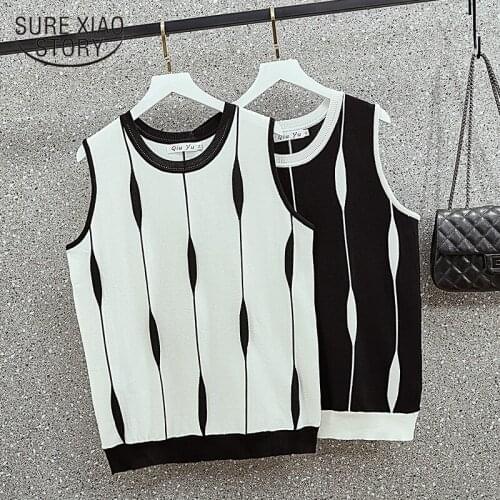 Large Size Womens Summer Round Neck Contrast Striped Ice Silk Vest Big MM Wears Sleeveless Sweater Top Tank Tops Blusas 14333
