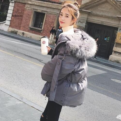Winter Fashion Hooded Fur Collar Cotton Coat Women Street Short Thick Thick Loose Waist Long Casual Womens Jacket