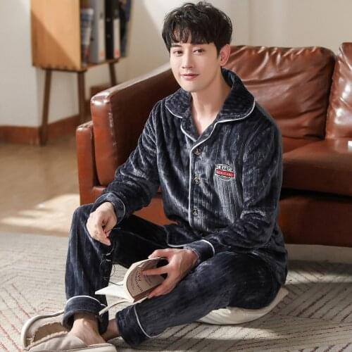 2020 Winter Men Thicken Flannel Pajamas Long Sleeve Male Pajama Set Men Sleepwear Suit Casual Bottom Homewear Clothing Nightwear