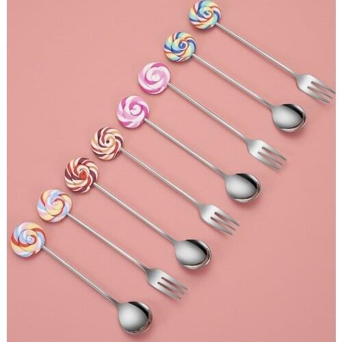 1pc 304 Stainless Steel 14cm Lollipop Shape Coffee Spoon Stirring Sugar Teaspoon Fruit Fork Dessert Scoop Kitchen Tableware