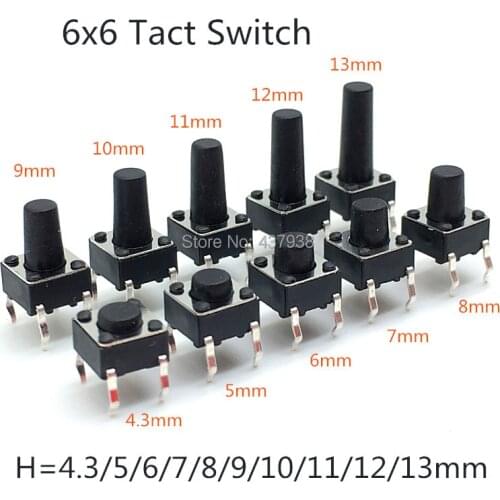 6x6mm Panel PCB Momentary Tactile Tact Mini Push Button Switch DIP 4pin 6x6x4.3/5/6/7/8/9/11/12/13MM 6*6*4.3MM 5MM 6MM 7MM-13MM