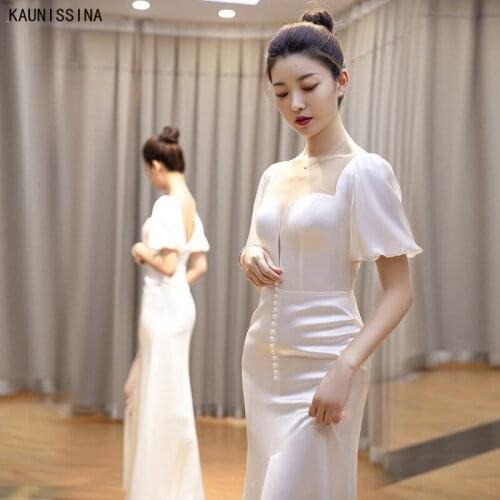 KAUNISSINA White Satin Wedding Dress Mermaid Puff Sleeve Slit Simple Plain Long Bridal Gown Real Photo Custom Made Bride Dresses