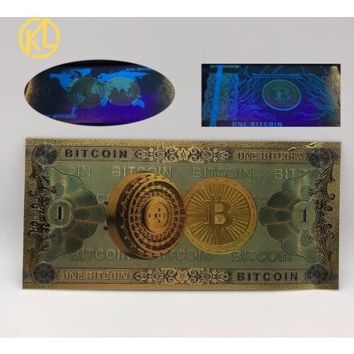 HOT 1pc Colorful Gold Plated ONE BITCOIN plastic souvenir banknotes with UV Light for collection and gifts