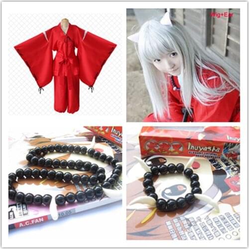 Costume Anime Inuyasha Cosplay Costumes Red Japanese Kimono Men Robe Costume Wigs Ears And Necklace Bracelet For Halloween Party