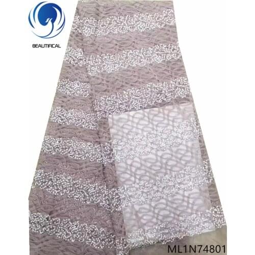 BEAUTIFICAL tulle lace with sequins dresses material 5 yards french lace for nigerian wedding party lace ML1N748