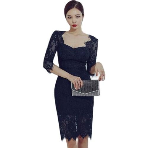 Lace Sexy Dress one piece korean ladies Half Sleeve V neck office work Formal Bodycon SHeath Dresses for women clothing