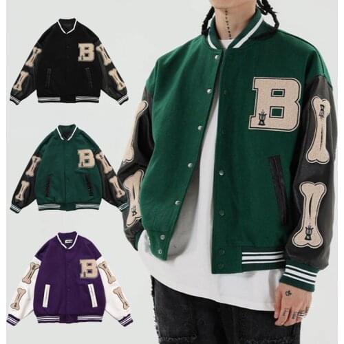 Baseball Jacket College Style Hip Hop Furry Bone Patchwork Color Black Bomber Jacket Unisex Embroidery Vintage Varsity Jacket