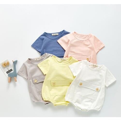 Summer Cotton Baby Boneless Short Sleeves, Dress Pocket Candy Color Conjoined Package Fart With Short Sleeves Bodysuits Clothes