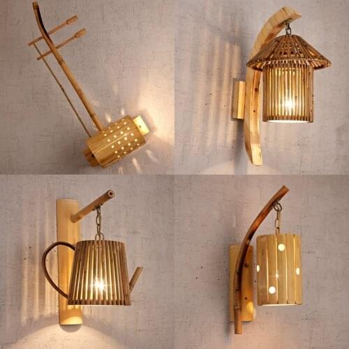 Restaurant Bar Retro Wall Lamps Bamboo Woven Wooden Wall Lights Japanese Style Wall Deco Lamps E27 Bulb Bedroom Light Fixtures
