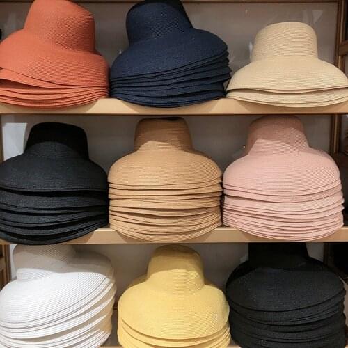 New Summer 13cm Big Wide Brim Foldable Straw Hat Ladies Summer Sunshade Hepburn Dome Fedora For Women Kuntucky Derby Chapeau Hat