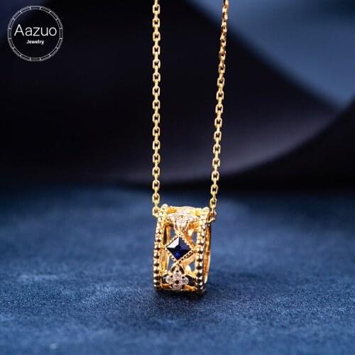 Aazuo 18K Yellow Gold Real Diamond Natural Blue Sapphire Ball Moving Pendent With Chain Necklace gifted for Women 18 Inch