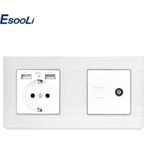 Esooli Aluminum Metal Panel EU Standard Socket with USB + 1 Gang Female TV Connector With CAT5E RJ45 Internet Computer Data Jack
